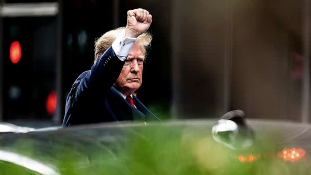 PHOTO: Former President Donald Trump gestures as he departs Trump Tower, Aug. 10, 2022, in New York, on his way to the New York attorney general's office for a deposition in a civil investigation. (Julia Nikhinson/AP)