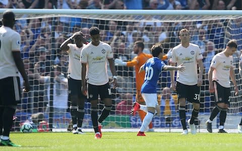 Romelu Lukaku, Paul Pogba, Marcus Rashford, Nemanja Matic, Diogo Dalot and Phil Jones of Manchester United react to conceding a goal to Richarlison of Everton during the Premier League match between Everton FC and Manchester United at Goodison Park  - Credit: Getty images
