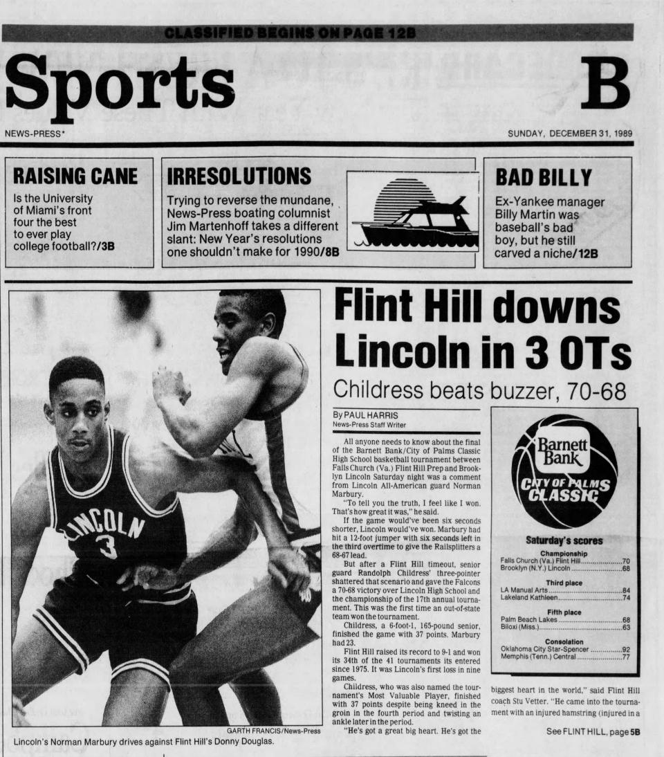 Coverage of the 1989 City of Palms championship game by The News-Press, won by Flint Hill over Lincoln in triple OT.
