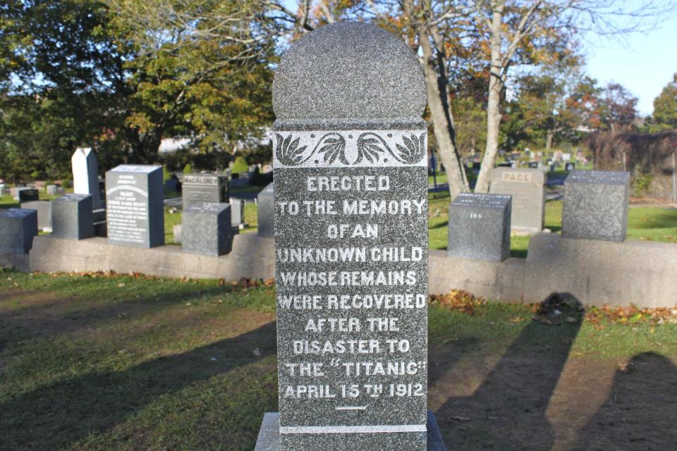 FILE - This undated file photo provided by Destination Halifax shows the "Unknown Child" gravestone at the Fairview Lawn Cemetery, in Halifax, Nova Scotia, where 121 Titanic victims are buried. Ships dispatched from Halifax to the site of the Titanic disaster 100 years ago recovered more than 330 bodies, and the city is hosting exhibits, talks and tours to mark the centennial of the sinking. (AP Photo/Destination Halifax, File)