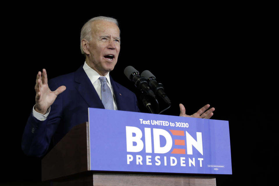 Democratic presidential candidate former Vice President Joe Biden speaks during a primary election night rally Tuesday, March 3, 2020, in Los Angeles. (AP Photo/Marcio Jose Sanchez)