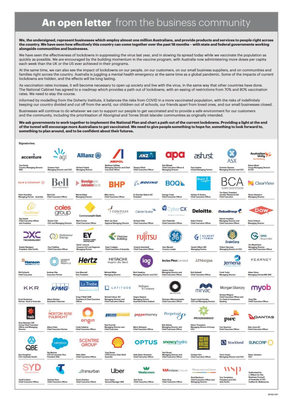 Open letter signed by 80 Australian CEOs 