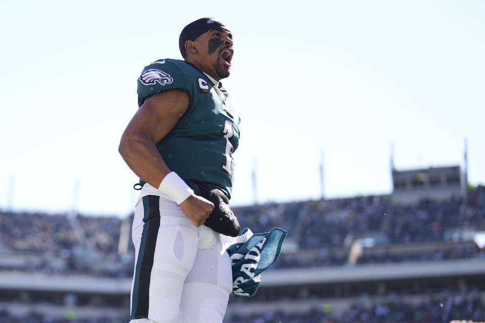 Philadelphia Eagles quarterback Jalen Hurts yells on the sidelines ahead of an NFL football game between the Pittsburgh Steelers and Philadelphia Eagles, Sunday, Oct. 30, 2022, in Philadelphia. (AP Photo/Matt Slocum)