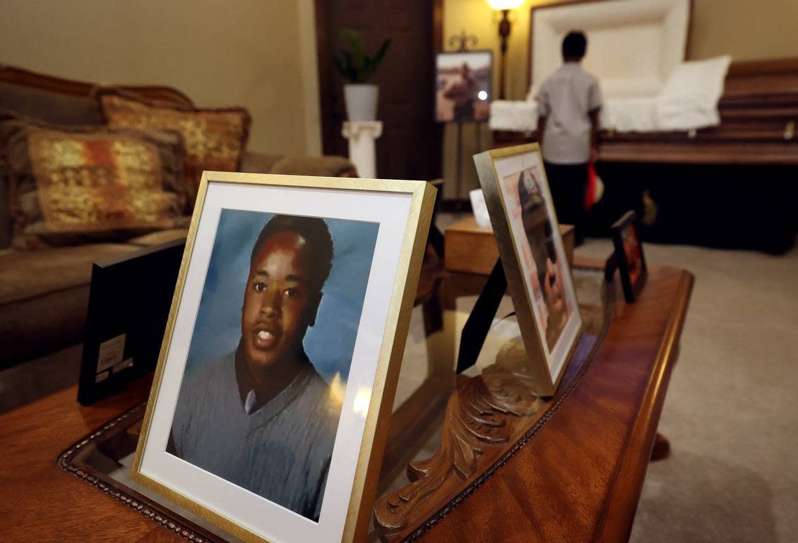 Corbin Ray Johnson, 10, Anthony Johnson Jr.’s nephew, speaks to his uncle during his funeral on Friday, May 24, 2024, in Mansfield. The Johnson family is calling for accountability after he was killed while in custody at the Tarrant County Jail.