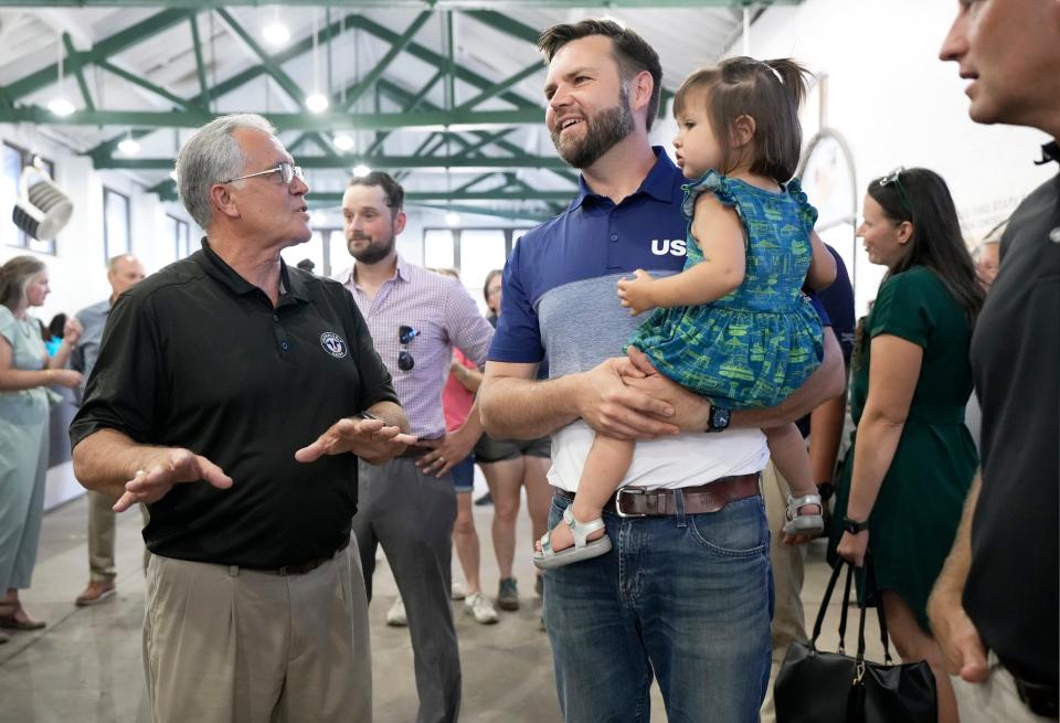 Aug. 4, 2023; Columbus, Oh., USA;  Sen. J.D. Vance tours the Dairy Products Building at the Ohio State Fair with Scott Higgins, CEO of the American Dairy Association - Mideast and the Ohio Dairy Producers Association.