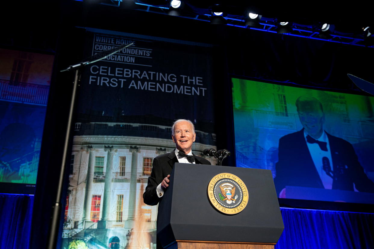 President Biden speaks during the annual White House Correspondents' Association Dinner on April 30.