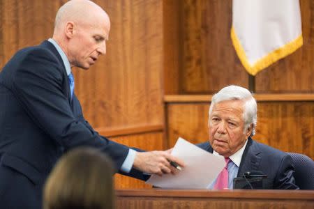 Prosecutor William McCauley questions the owner of the New England Patriots, Robert Kraft during the murder trial of former New England Patriots tight end Aaron Hernandez at Bristol County Superior Court in Fall River, Massachusetts, March 31, 2015. REUTERS/Aram Boghosian/Pool