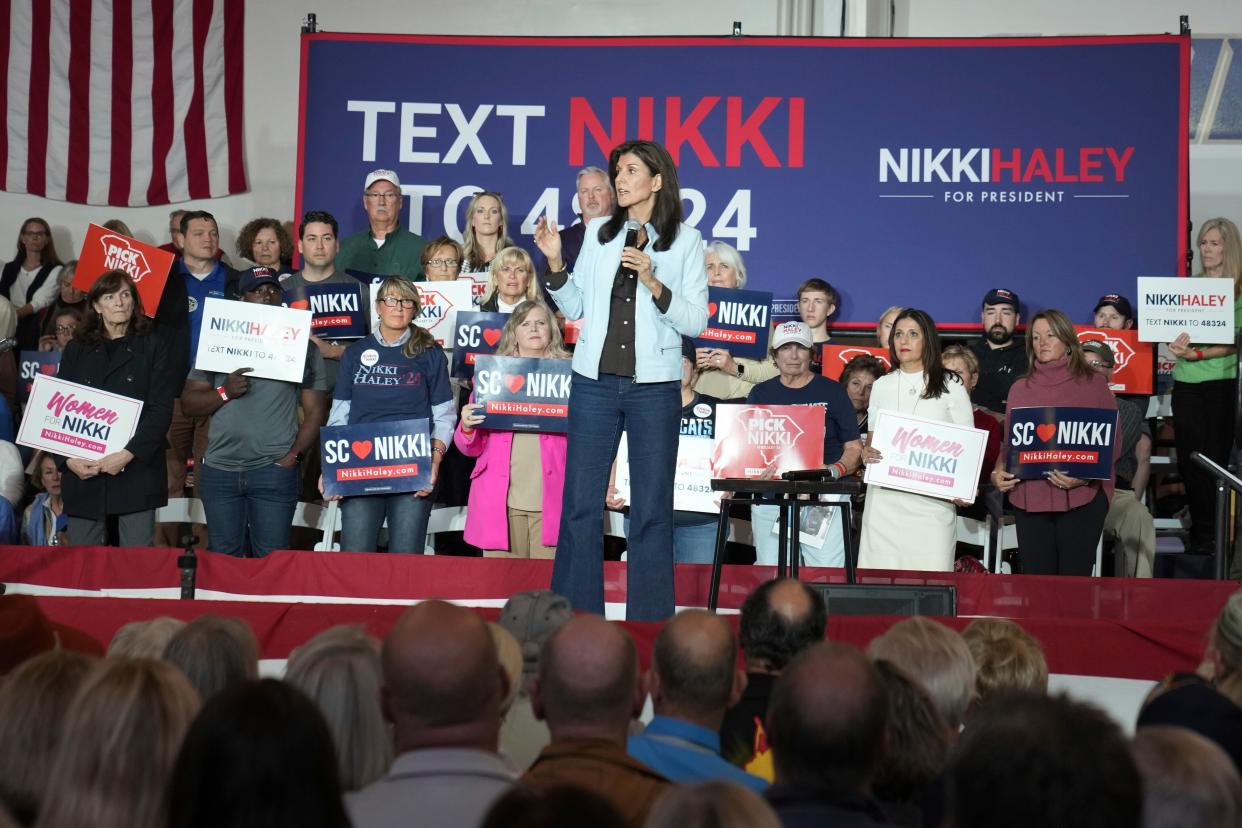 GOP presidential hopeful Nikki Haley speaks during a campaign event on 27 November 2023, in Bluffton, South Carolina (AP)