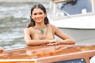 <p>Zendaya wowed later that same day in a slicked-back, glam look — which included a nude Balmain gown and 93-carat emerald necklace from Bulgari — for the <em>Dune </em>premiere. </p>