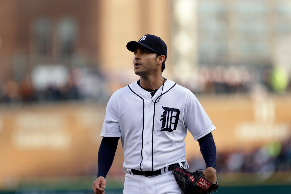 Detroit Tigers pitcher Anibal Sanchez walks off the field  against the Atlanta Braves in the first inning of a baseball game in Detroit on Friday April 26, 2013.