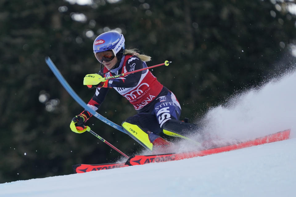 United States' Mikaela Shiffrin competes during an alpine ski, women's World Cup slalom race, in Jasna, Slovakia, Sunday, Jan. 21, 2024. (AP Photo/Pier Marco Tacca)