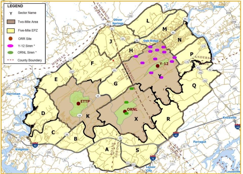 This map shows the evacuation zones of the Oak Ridge security complex.