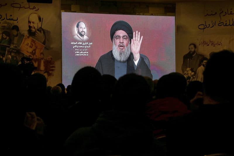 Secretary General of pro-Iranian Hezbollah Hassan Nasrallah addresses his supporters through a televised speech in the city of Baalbeck. Marwan Naamani/dpa
