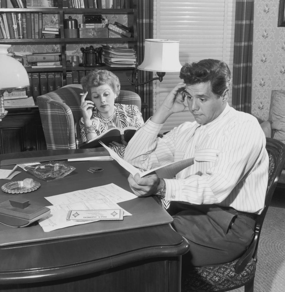 1955: Reading and relaxing with Desi in their Los Angeles home