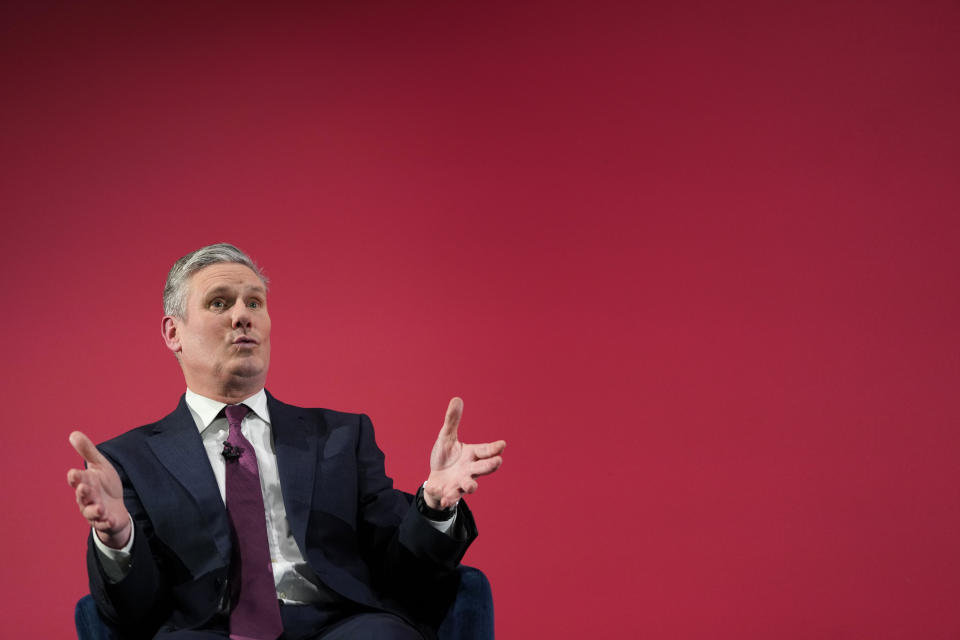 FILE - Keir Starmer, Leader of Britain's opposition Labour Party gestures during a question and answer session at a business conference in London, Thursday, Feb. 1, 2024. (AP Photo/Kirsty Wigglesworth, File)