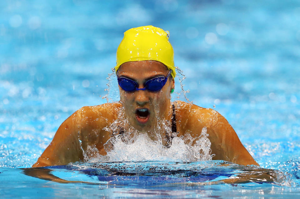 LONDON, ENGLAND - JULY 28: Stephanie Rice of Australia swims breaststroke as she competes in heat four of the Women's 400m Individual Medley on Day One of the London 2012 Olympic Games at the Aquatics Centre on July 28, 2012 in London, England. (Photo by Al Bello/Getty Images)