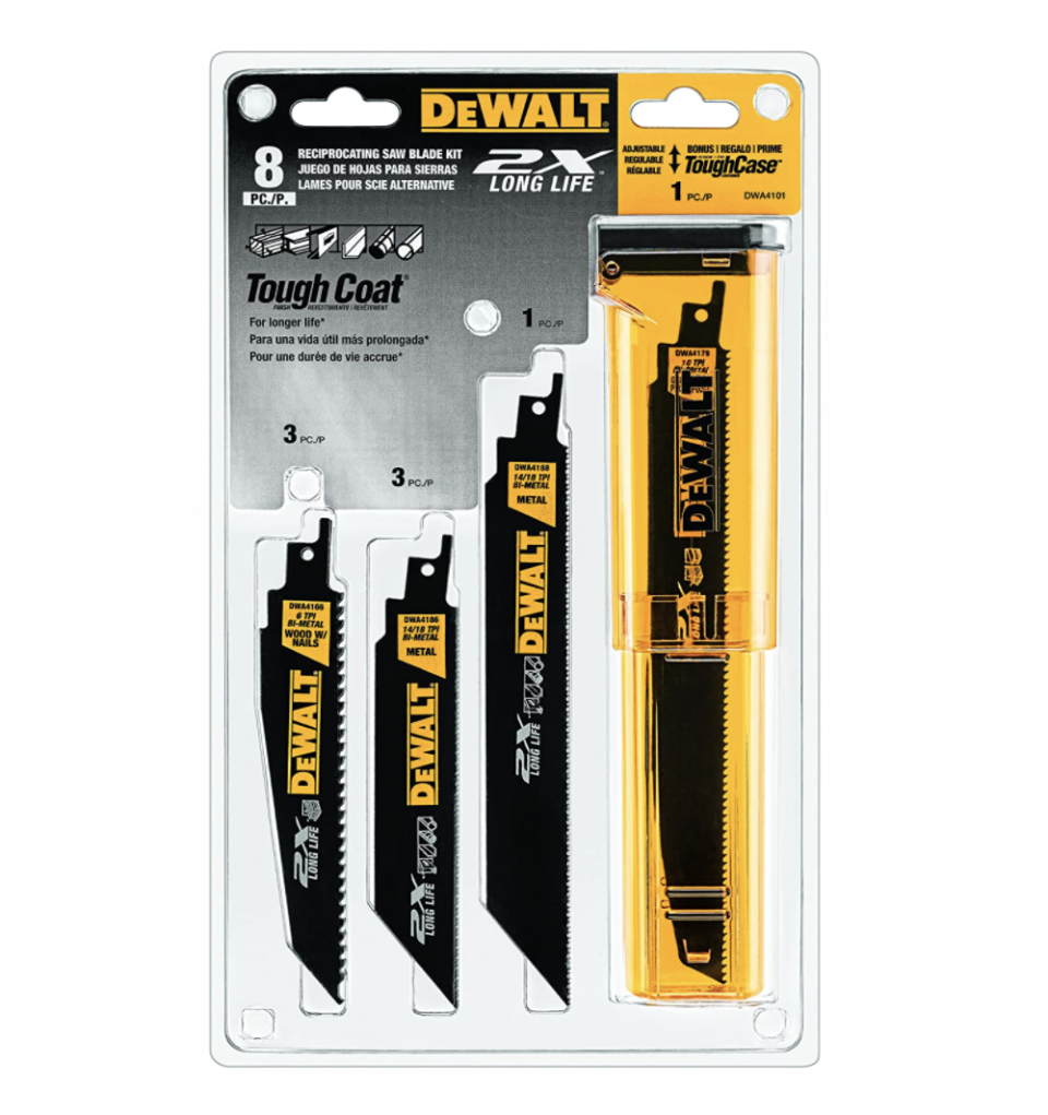 package of DEWALT DWA4101 Bi-Metal 2X Reciprocating Saw Blade 8-Piece Set