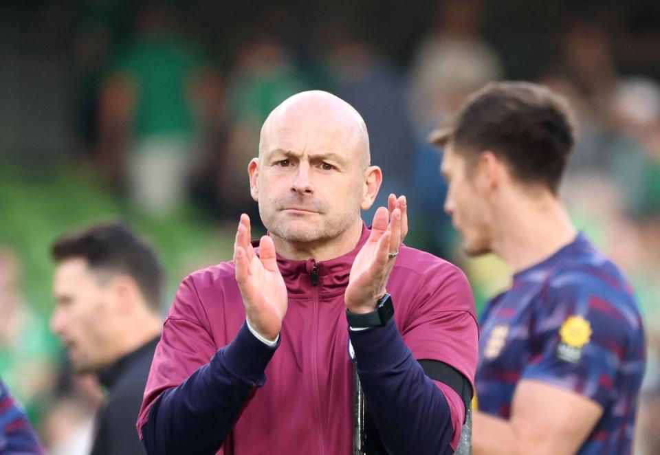 Carsley applauds the fans after England’s win in Dublin (PA)