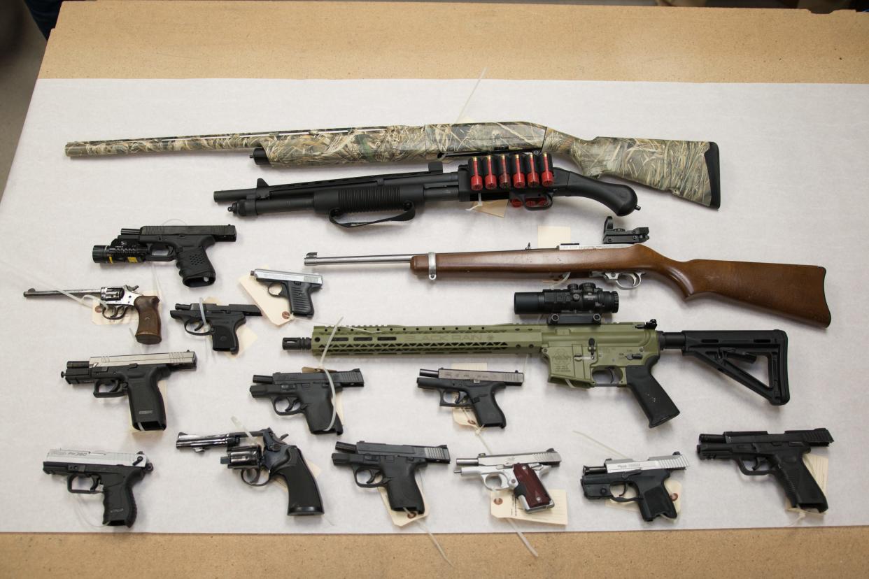 Stolen guns seized by the Sioux Falls Police Department from a home in Sioux Falls on October 4, 2021.