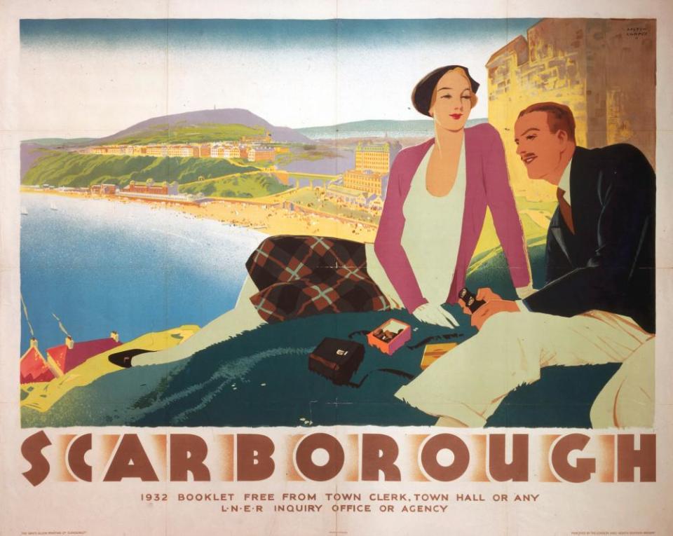 A 1932 poster promoting the joys of Scarborough shows a young couple with binoculars on a clifftop below the castle walls, with the beach seen below in the distance.