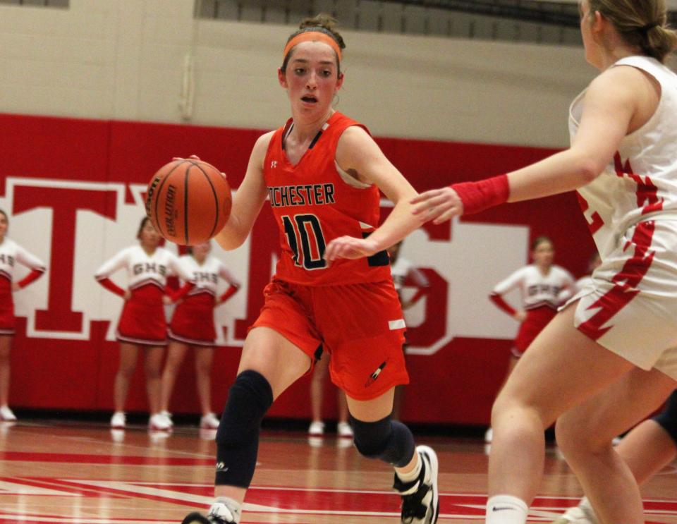 Rochester sophomore guard Taylor Offer dribbles against Chatham Glenwood in a Central State Eight Conference girls basketball game on Friday, Dec. 2, 2022.