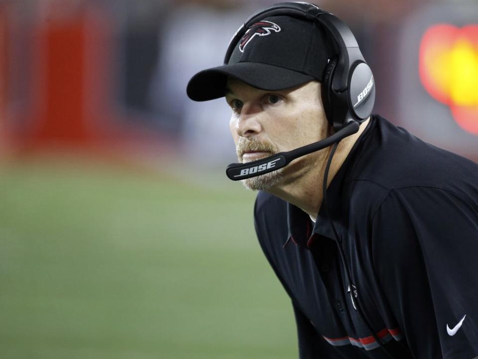 Nov 3, 2016; Tampa, FL, USA; Atlanta Falcons head coach Dan Quinn looks on against the Tampa Bay Buccaneers during the second half at Raymond James Stadium. Atlanta Falcons defeated the Tampa Bay Buccaneers 43-28. Mandatory Credit: Kim Klement-USA TODAY Sports