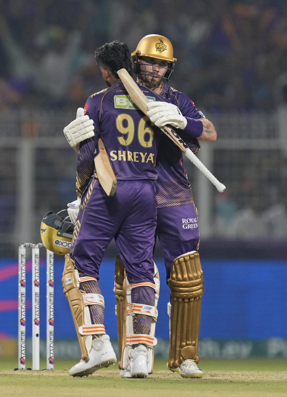 Kolkata Knight Riders' Phil Salt and captain Shreyas Iyer hug after Kolkata Knight Riders won the Indian Premier League cricket match against Lucknow Super Giants in Kolkata, India, Sunday, April 14, 2024. (AP Photo/Bikas Das)