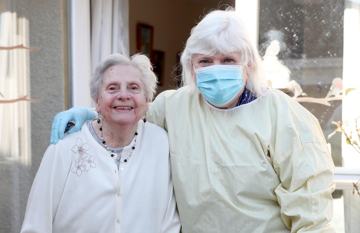 Fiona Scott visits her mother Mary Cook at a nursing home for the first time since the lockdown started in Scotland amid the spread of coronavirus disease (COVID-19) on March 1, 2021, in Edinburgh, Scotland.