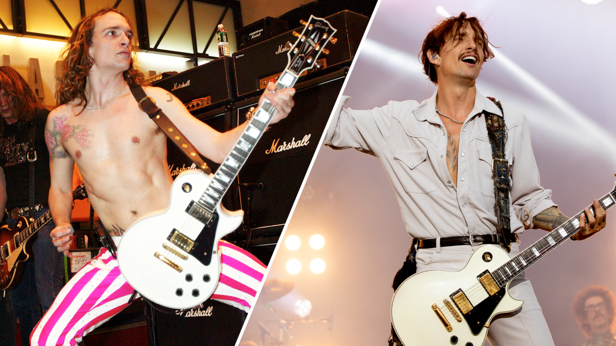 Justin Hawkins of the Darkness, in 2003 and 2023. (Photos: Getty Images)