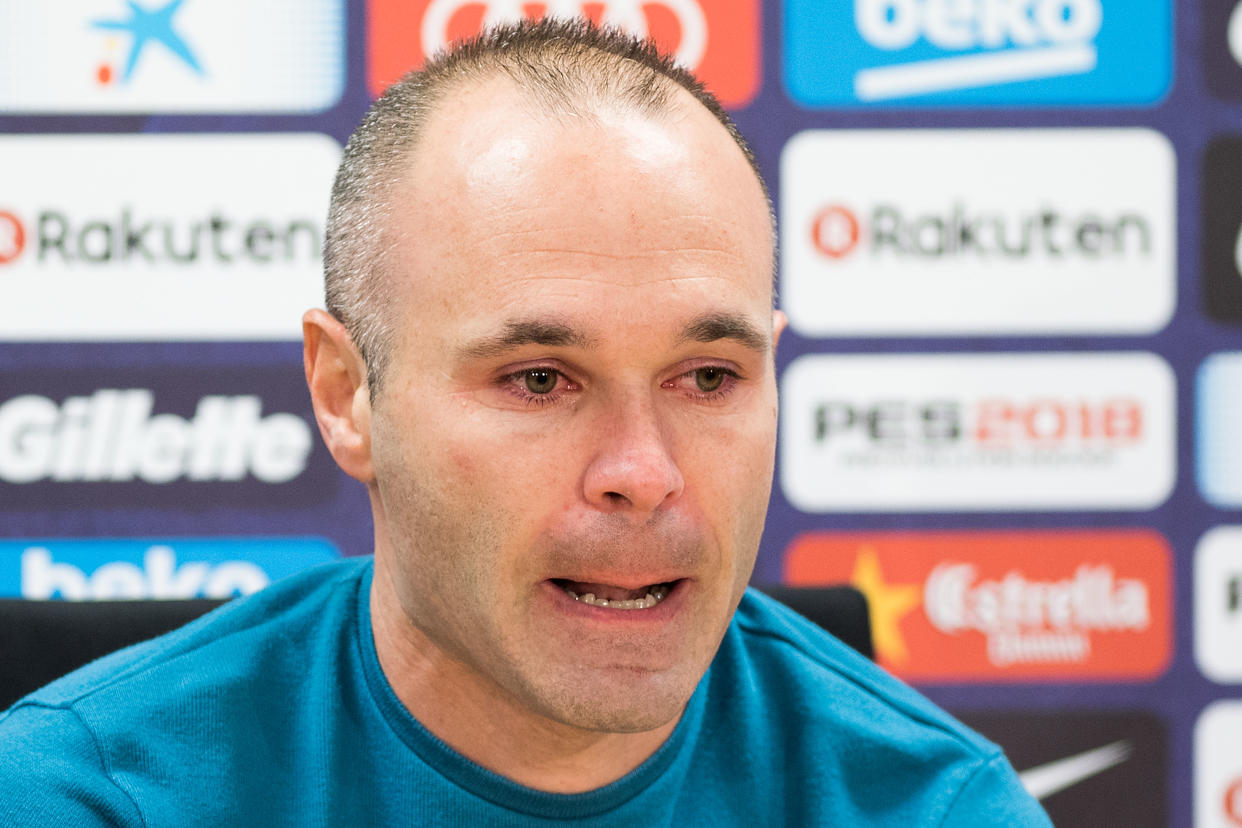 Andres Iniesta was in tears at a news conference during which he confirmed he would be leaving FC Barcelona at season’s end. (Getty)