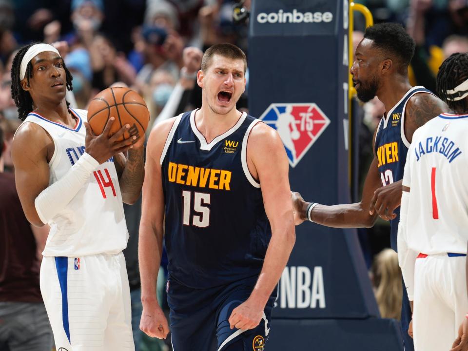 Nikola Jokic screams after scoring a basket vs. the Clippers in 2022.