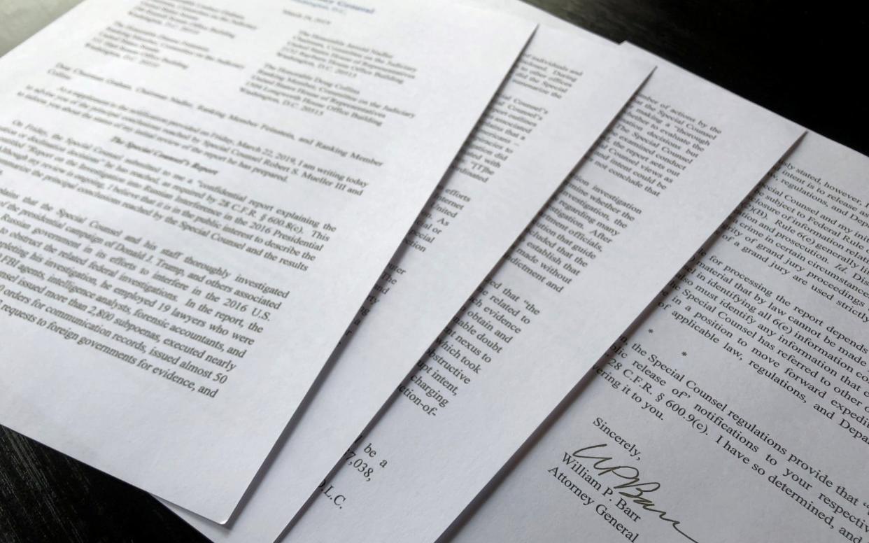 U.S. Attorney General William Barr's letter to U.S. congressional leaders on the Mueller Report is seen in Washington - REUTERS