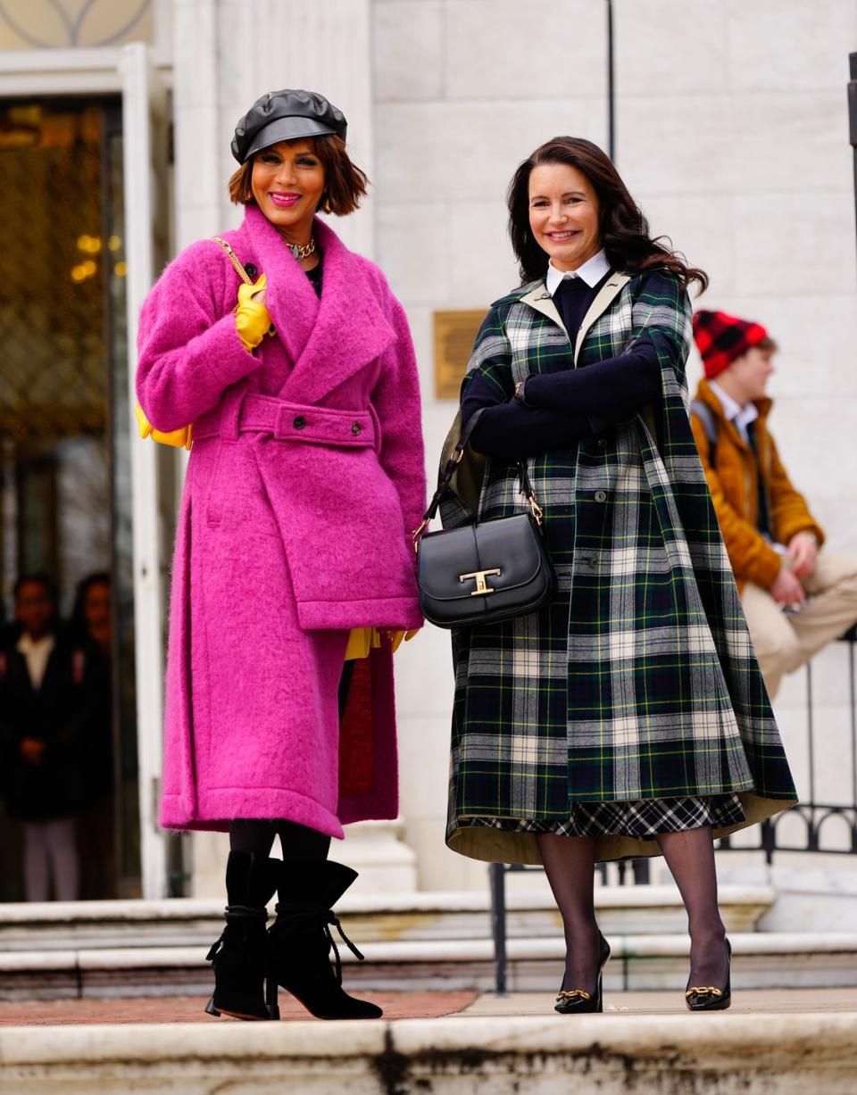 new york, new york february 08 nicole ari parker and kristin davis on location for and just like that in chinatown on february 06, 2023 in new york city photo by gothamgc images