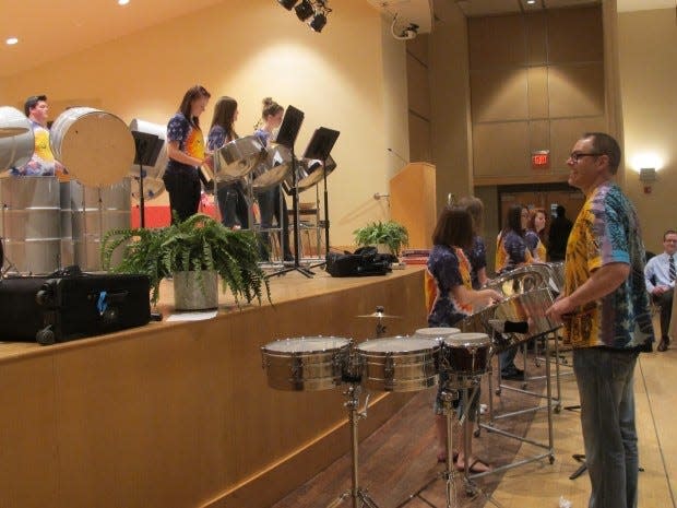 The Ambridge High Steel Drum Band, seen in this file photo performing on Pittsburgh's South Side, are nationally recognized. The group will perform at Jambridge.