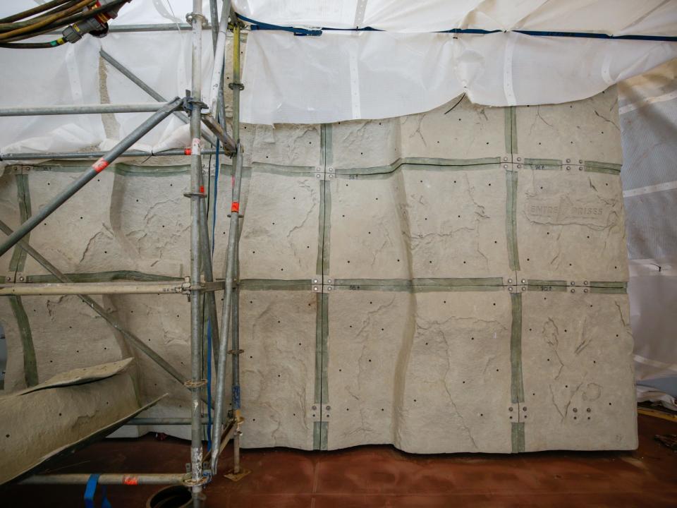 A rock climbing wall on Royal Caribbean's Icon of the Seas cruise ship under construction.