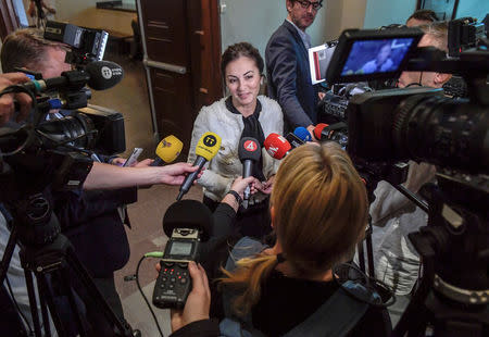 Elisabeth Massi Fritz, lawyer of the alleged victim, speaks to the press during the the last day of hearings in Stockholm district court in the trial against Jean-Claude Arnault, accused of rape and sexual assault, Stockholm, Sweden September 24, 2018. TT News Agency/Janerik Henriksson/via REUTERS