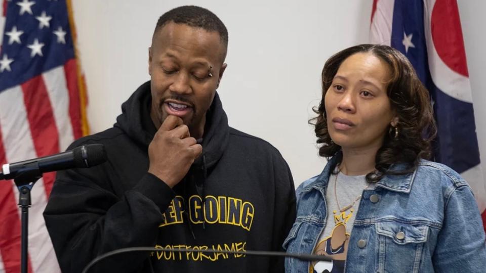 Tim and Tamia Woods speaking at a press conference