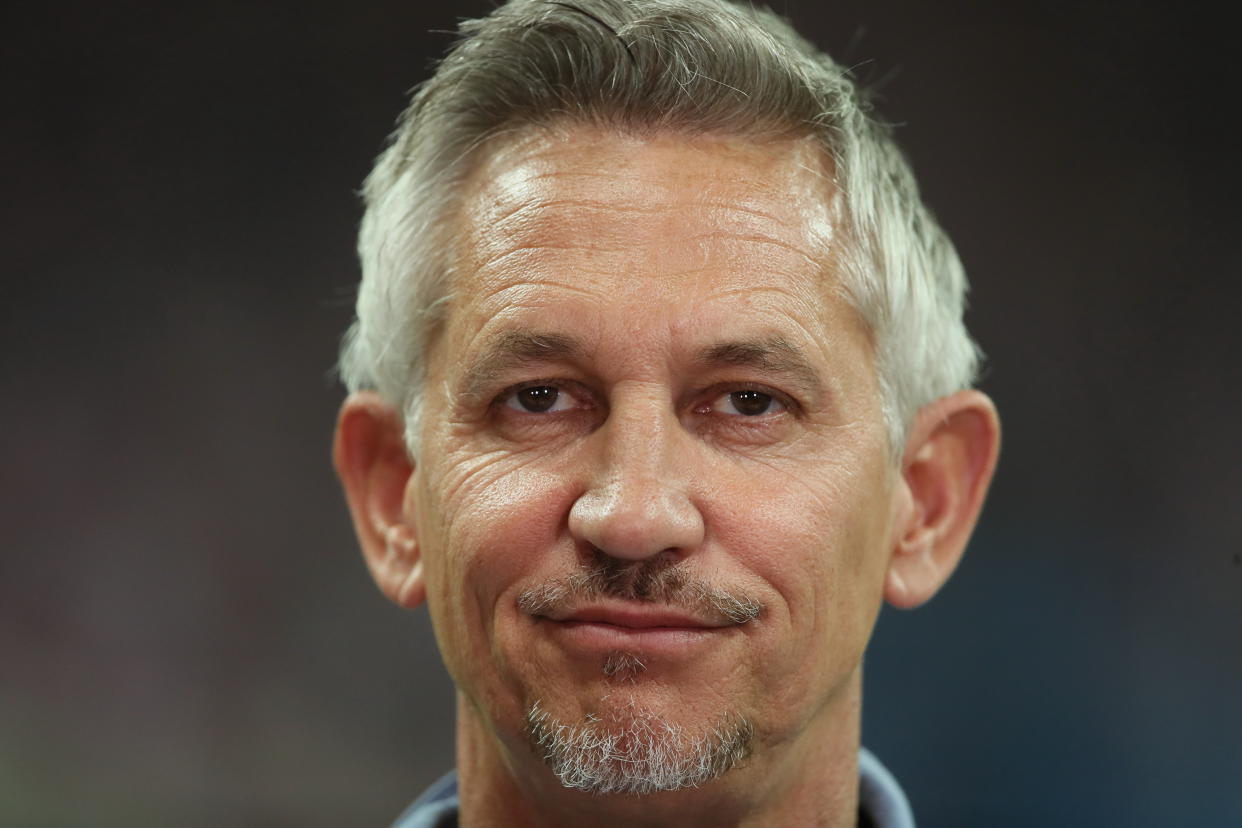 MOSCOW, RUSSIA - JULY 11: BBC Match of the day presenter Gary Lineker during the 2018 FIFA World Cup Russia Semi Final match between England and Croatia at Luzhniki Stadium on July 11, 2018 in Moscow, Russia. (Photo by Matthew Ashton - AMA/Getty Images)