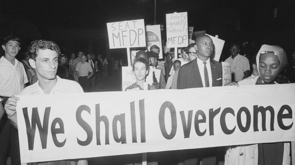 PHOTO: Some 100 civil rights demonstrators kept an all-night vigil before the Democratic Convention Hall in an attempt to seat members of the Freedom Democratic Party, Aug. 24, 1964, Atlantic City, N.J. (Bettmann Archive via Getty Images)