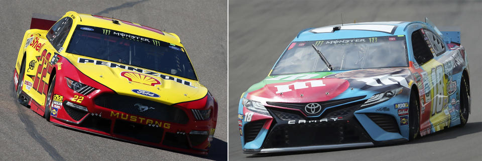 FILE - At left, in a March 10, 2019, file photo, Joey Logano drives during a NASCAR Cup Series auto race at ISM Raceway, in Avondale, Ariz. At right, in an Aug. 3, 2019, file photo, Kyle Busch heads into Turn 1 during a practice run for a NASCAR Cup Series auto race at Watkins Glen International in Watkins Glen, N.Y. One race to go to set NASCAR's championship field and the final four is shaping up to be a repeat of last year. Martin Truex Jr. and Kevin Harvick are already in, while Kyle Busch and Joey Logano are above the cutline headed into Sunday's race at ISM Raceway outside of Phoenix. (AP Photo/File)