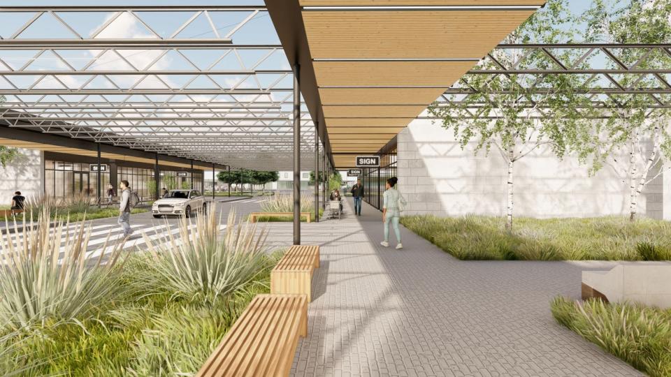 Renderings of Nylon Capital Center, a $60-million, 22-acre renovation of a legacy shopping center in Seaford, Del, that will include pickleball courts and public space, a community college, a health care center, co-working office space, retail and restaurants.