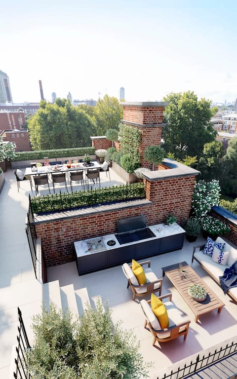 The penthouse apartment leads to five roof terraces totaling 1,500 sq ft