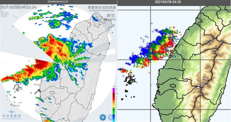 圖：今(30日)晨4：53雷達資料顯示，台灣海峽有線狀回波，正在接近台灣中部(左圖)；4：55閃電偵測資料顯示，伴隨密集閃電(右圖)。