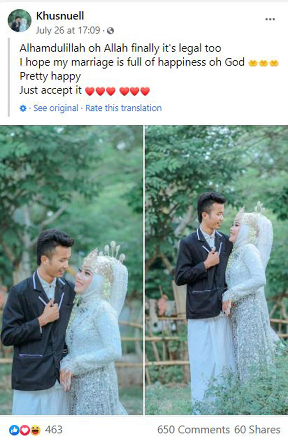 A Facebook post by one of the brides urging everyone to 'just accept it' after the wedding. Source: Newsflash/Australscope