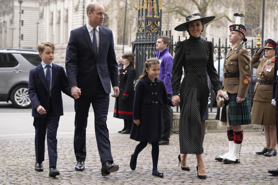 Britain's Prince William and Kate, The Duchess of Cambridge with their children Prince George and Princess Charlotte arrive to attend a Service of Thanksgiving for the life of Prince Philip, Duke of Edinburgh at Westminster Abbey in London, Tuesday, March 29, 2022. (AP Photo/Matt Dunham)