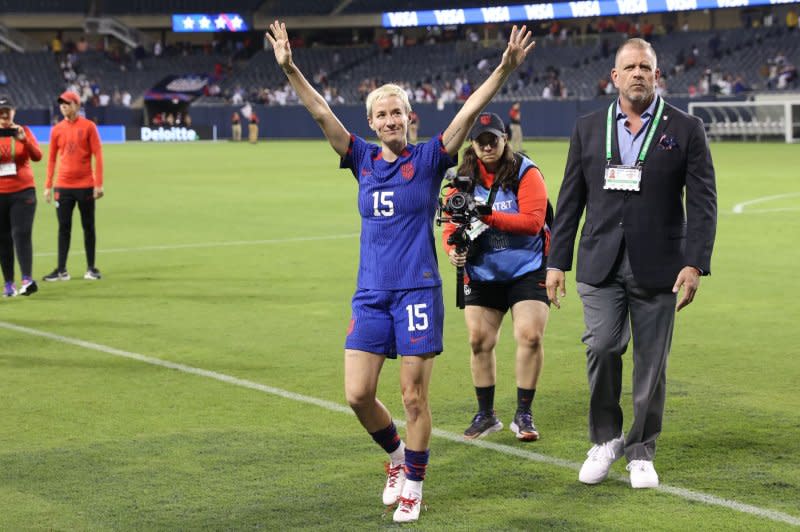 Megan Rapinoe of the United States leaves the field after playing against South Africa on Sept. 24, 2023, at Soldier Field in Chicago. Photo by Alex Wroblewski/EPA-EFE