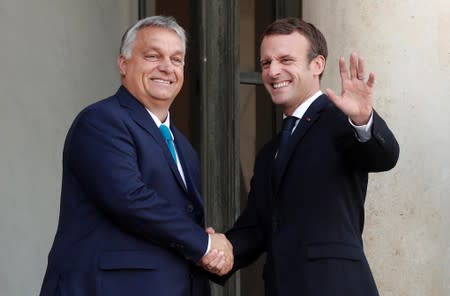 French President Emmanuel Macron meets with Hungarian Prime Minister Viktor Orban at the Elysee Palace in Paris