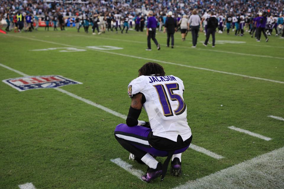 Baltimore Ravens wide receiver DeSean Jackson reacts after his team's loss to the Jacksonville Jaguars.