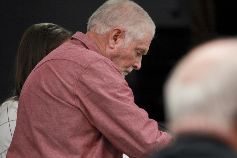 George Alan Kelly listens as county prosecutors call to dismiss his criminal case during a hearing Monday, April 29, 2024, in Nogales, Ariz. Kelly's trial in the fatal shooting of a Mexican man on his property ended last week with a deadlocked jury. (Angela Gervasi/Nogales International via AP)