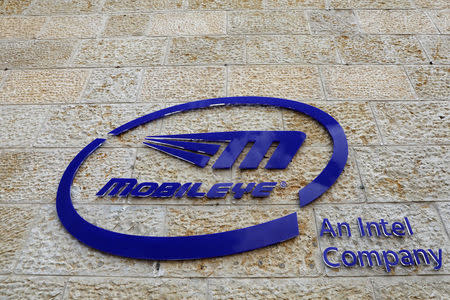 The logo of Israeli technology firm Mobileye is seen on the building hosting their headquarters in Jerusalem, May 15, 2018. Picture taken May 15, 2018. REUTERS/Ronen Zvulun